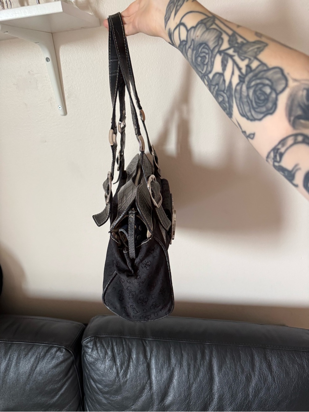 Guess Black Logo-Print Shoulder Bag with Silver Buckle - Picture 5 of 10
